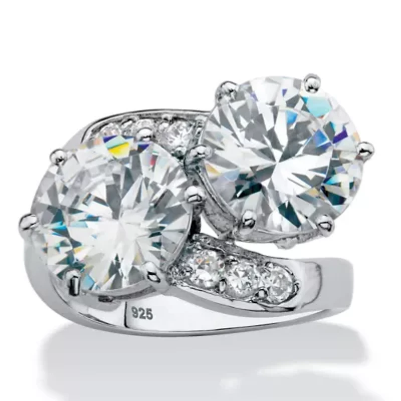 8.29 Cttw Platinum-plated Silver Round Cubic Zirconia 2-Stone Bypass Ring