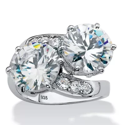 8.29 Cttw Platinum-plated Silver Round Cubic Zirconia 2-Stone Bypass Ring