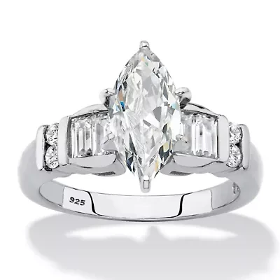 2.69 Cttw Platinum-plated Silver Marquise-Cut Cubic Zirconia Engagement Ring
