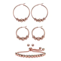 Silvertone 4-Piece Beaded Textured Earrings and Adjustable Slider Bracelet Set