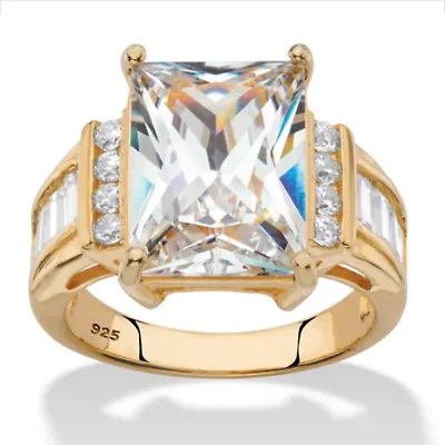 10.72 Cttw Emerald-Cut Cubic Zirconia 14k Gold-plated Silver Engagement Ring