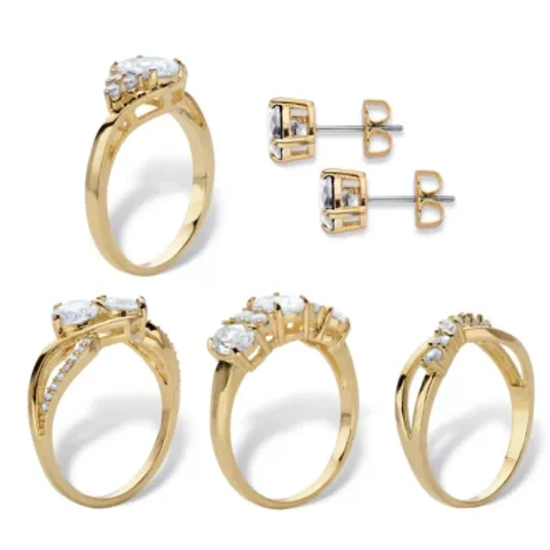 18.23 Cttw. Cubic Zirconia 5-Piece Gold-Plated Stud Earring and Ring Set