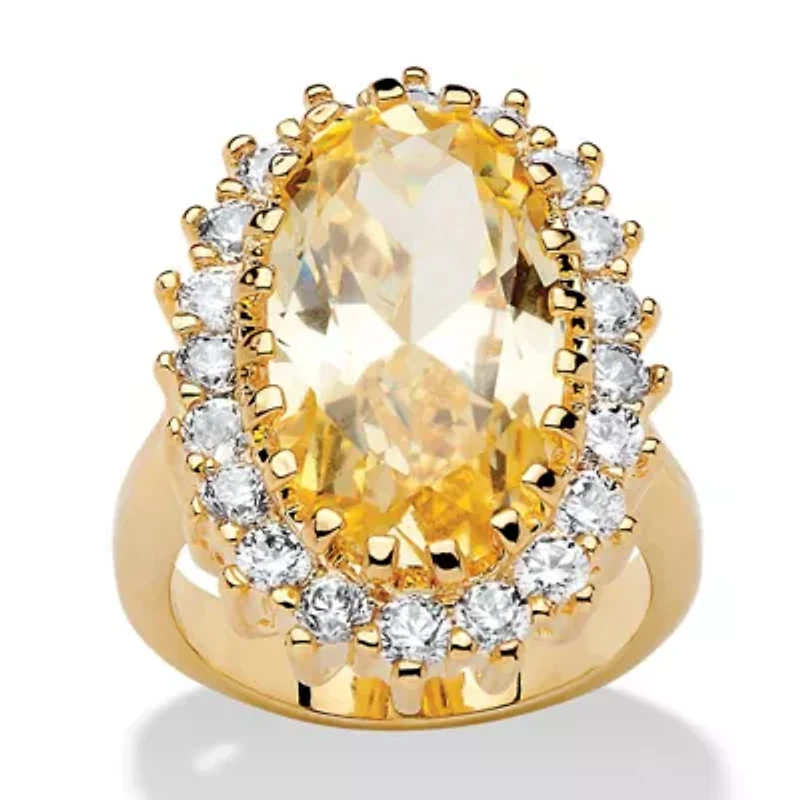 14.06 TCW Oval Cut Cubic Zirconia Gold-Plated Canary Halo Ring