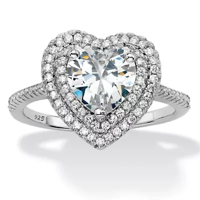 1.48 Cttw Platinum-plated Sterling Silver Heart-Shaped Cubic Zirconia Halo Ring