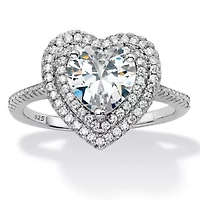 1.48 Cttw Platinum-plated Sterling Silver Heart-Shaped Cubic Zirconia Halo Ring