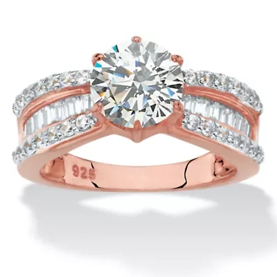2.88 Cttw Round 18k Rose Gold-plated Silver Cubic Zirconia Engagement Ring