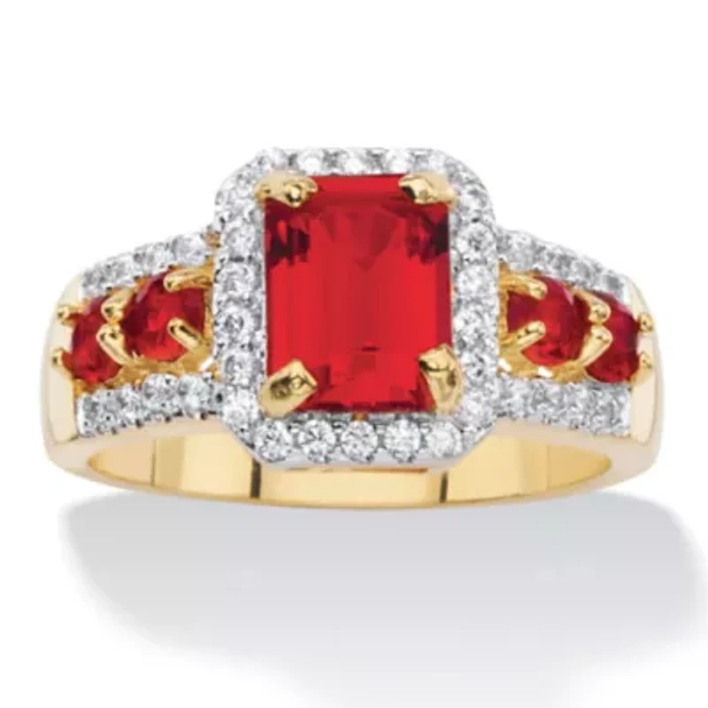 2.54 Cttw. Simulated Red Ruby and Cubic Zirconia 18k Gold-Plated Halo Ring