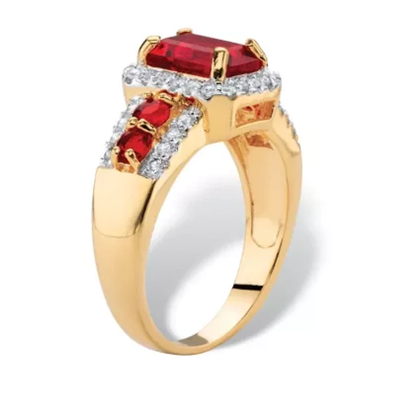 2.54 Cttw. Simulated Red Ruby and Cubic Zirconia 18k Gold-Plated Halo Ring