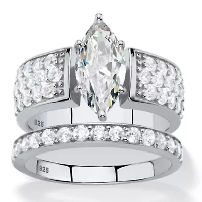 3.02 Cttw. Cubic Zirconia Platinum-plated Silver 2-Piece Bridal Ring Set