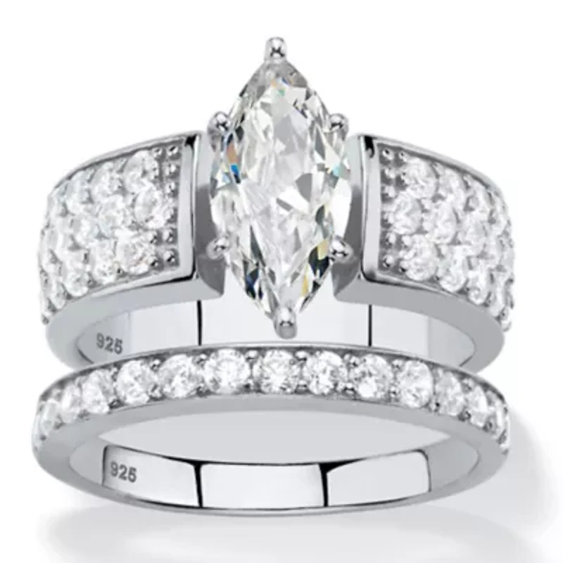 3.02 Cttw. Cubic Zirconia Platinum-plated Silver 2-Piece Bridal Ring Set