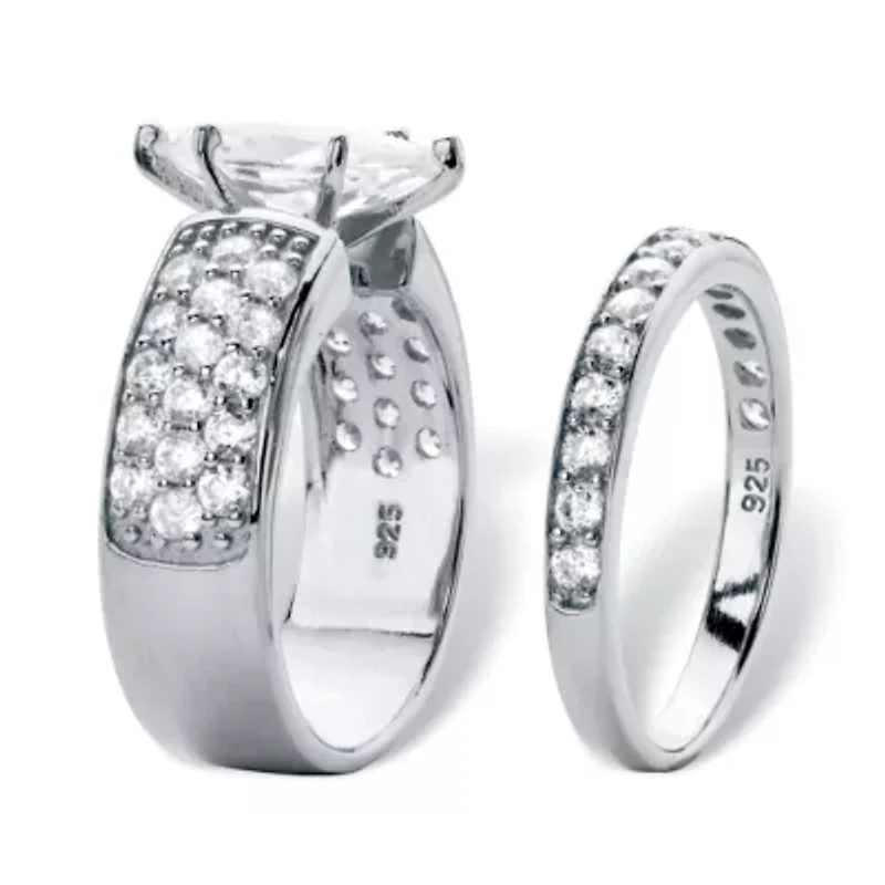 3.02 Cttw. Cubic Zirconia Platinum-plated Silver 2-Piece Bridal Ring Set