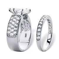 3.02 Cttw. Cubic Zirconia Platinum-plated Silver 2-Piece Bridal Ring Set