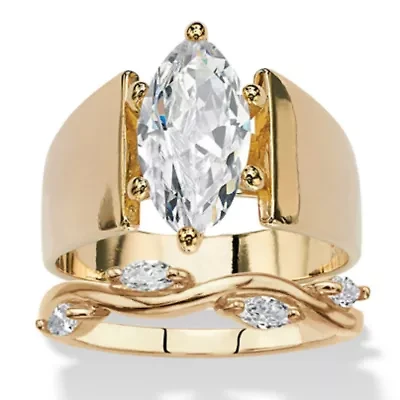 2.88 Cttw. Cubic Zirconia Gold-Plated Solitaire and Vine Wedding Ring Set