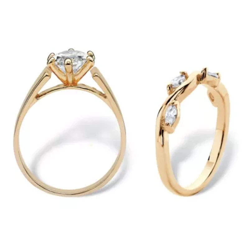 2.88 Cttw. Cubic Zirconia Gold-Plated Solitaire and Vine Wedding Ring Set