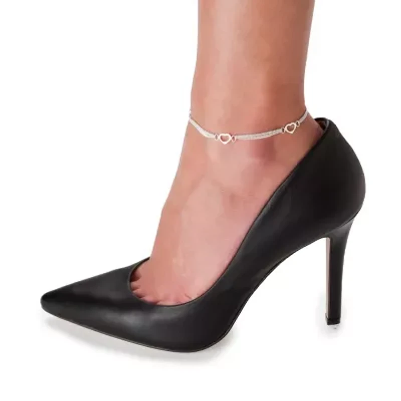 14k Yellow Gold-plated Sterling Silver Open Heart Station Ankle Bracelet 10"