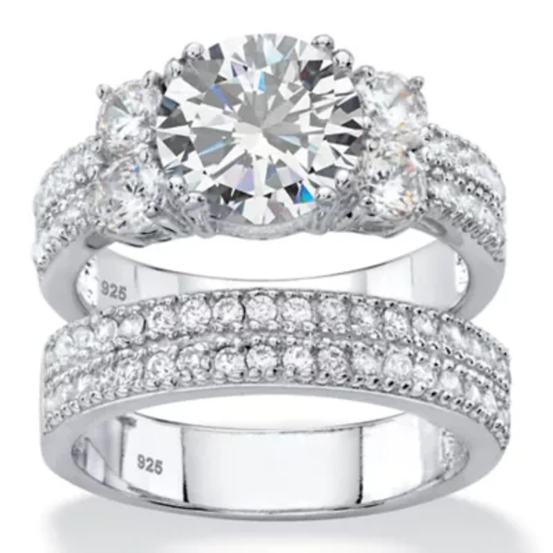 4.18 Cttw 2-Piece Platinum-plated Silver Cubic Zirconia Wedding Ring Set