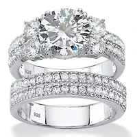 4.18 Cttw 2-Piece Platinum-plated Silver Cubic Zirconia Wedding Ring Set
