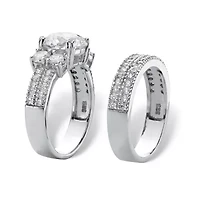 4.18 Cttw 2-Piece Platinum-plated Silver Cubic Zirconia Wedding Ring Set