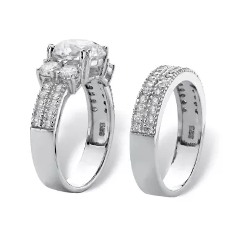 4.18 Cttw 2-Piece Platinum-plated Silver Cubic Zirconia Wedding Ring Set