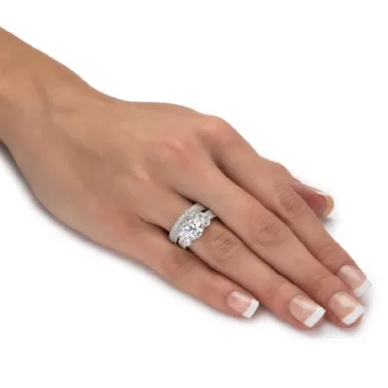 4.18 Cttw 2-Piece Platinum-plated Silver Cubic Zirconia Wedding Ring Set