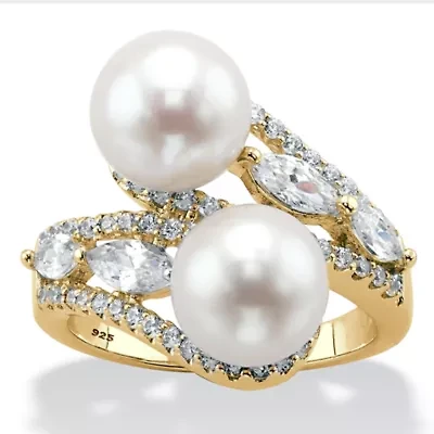 1.30 Cttw Genuine Cultured Pearl & CZ 14k Gold-plated Silver Bypass Ring
