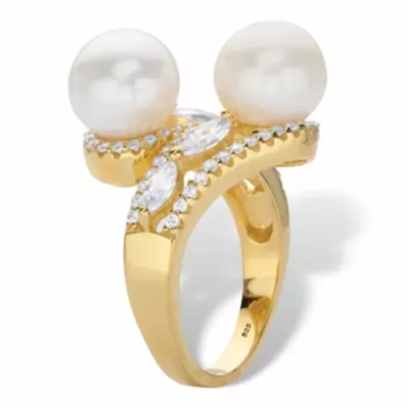 1.30 Cttw Genuine Cultured Pearl & CZ 14k Gold-plated Silver Bypass Ring