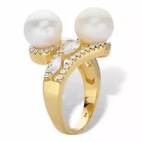 1.30 Cttw Genuine Cultured Pearl & CZ 14k Gold-plated Silver Bypass Ring