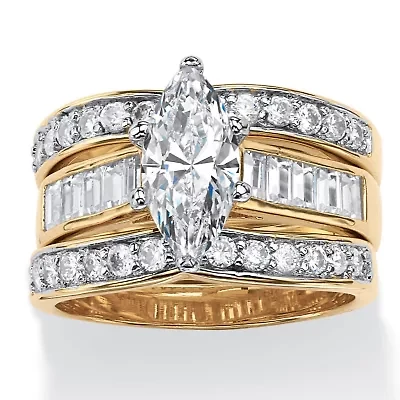 3.86 TCW Marquise-Cut Cubic Zirconia 3-Piece Bridal Set Gold-Plated