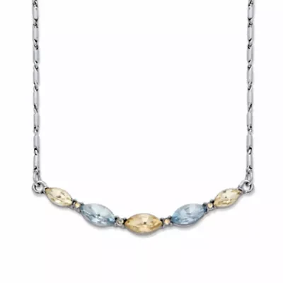 Champagne and Aquamarine Crystal Silvertone Barrel-Link Bib Necklace 17"-19"
