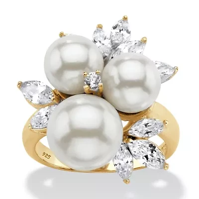1.84 Cttw. Round 14k Gold-plated Silver Simulated Pearl and CZ Cluster Ring