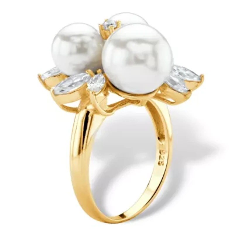 1.84 Cttw. Round 14k Gold-plated Silver Simulated Pearl and CZ Cluster Ring