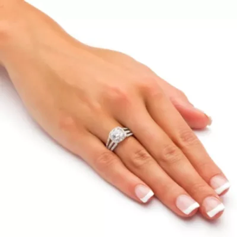 2.27 TCW Round Cubic Zirconia Triple Shank Platinum-plated Sterling Silver Ring