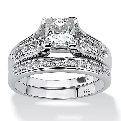 1.88 TCW Princess-Cut CZ Platinum-plated Sterling Silver 2-Piece Bridal Ring Set