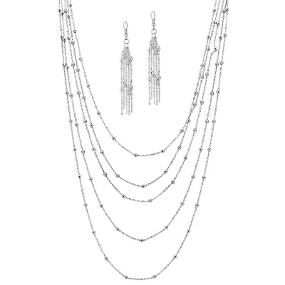 2 Piece Multi-Chain Beaded Station Necklace and Drop Earrings Set Goldtone