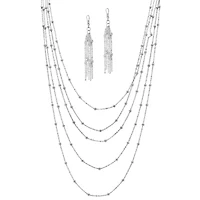 2 Piece Multi-Chain Beaded Station Necklace and Drop Earrings Set Goldtone