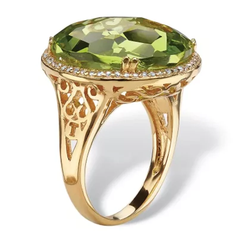 .27 TCW Checkerboard-Cut Green Glass and CZ Gold-Plated Halo Ring