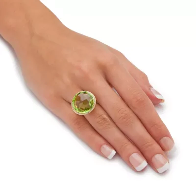 .27 TCW Checkerboard-Cut Green Glass and CZ Gold-Plated Halo Ring