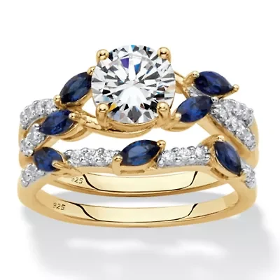 2.63 Cttw. Gold-Plated Sterling Silver CZ and Created Sapphire Bridal Ring Set