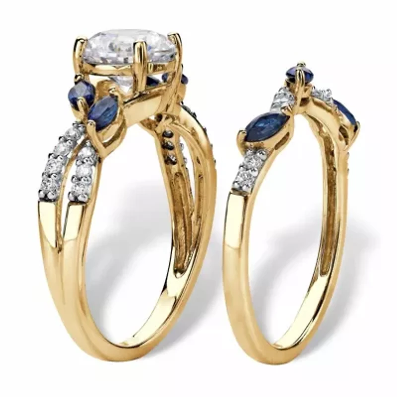 2.63 Cttw. Gold-Plated Sterling Silver CZ and Created Sapphire Bridal Ring Set