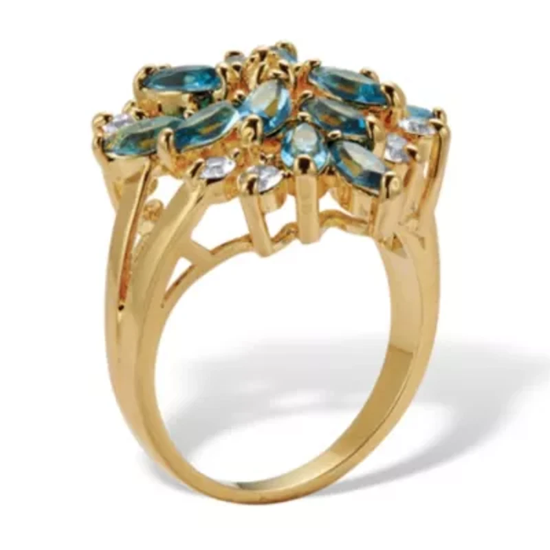 Blue Crystal Floral Cluster 18k Gold-Plated Ring