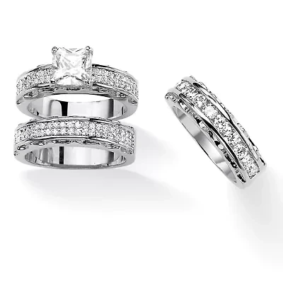 3.10 Cttw. Silvertone Princess-Cut Cubic Zirconia 3-Piece Wedding Ring Set