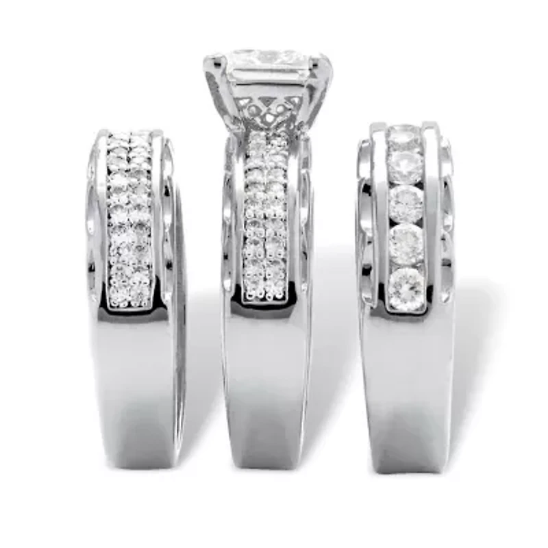 3.10 Cttw. Silvertone Princess-Cut Cubic Zirconia 3-Piece Wedding Ring Set