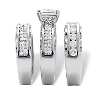 3.10 Cttw. Silvertone Princess-Cut Cubic Zirconia 3-Piece Wedding Ring Set