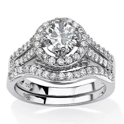 1.67 TCW Round CZ Two-Piece Halo Bridal Set Platinum-plated Sterling Silver