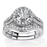 1.67 TCW Round CZ Two-Piece Halo Bridal Set Platinum-plated Sterling Silver