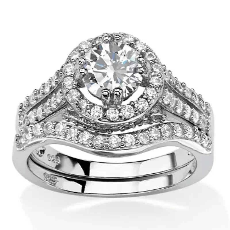 1.67 TCW Round CZ Two-Piece Halo Bridal Set Platinum-plated Sterling Silver