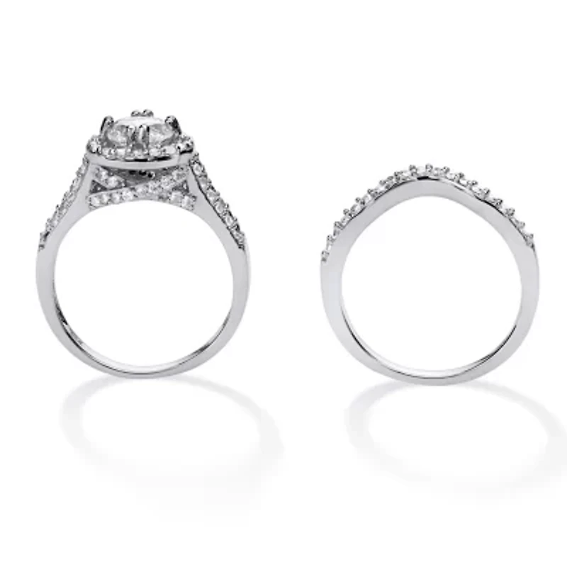 1.67 TCW Round CZ Two-Piece Halo Bridal Set Platinum-plated Sterling Silver