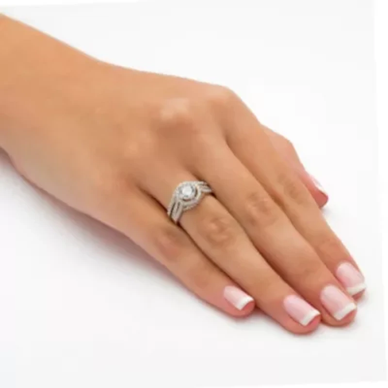 1.67 TCW Round CZ Two-Piece Halo Bridal Set Platinum-plated Sterling Silver