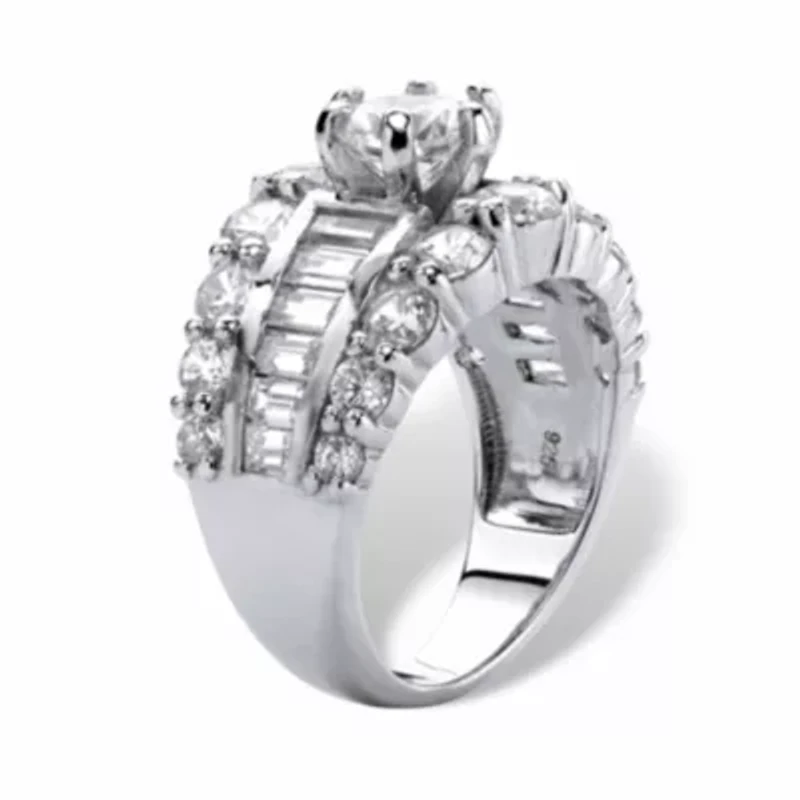 6.40 Cttw. Round and Baguette Sterling Silver Cubic Zirconia Engagement Ring