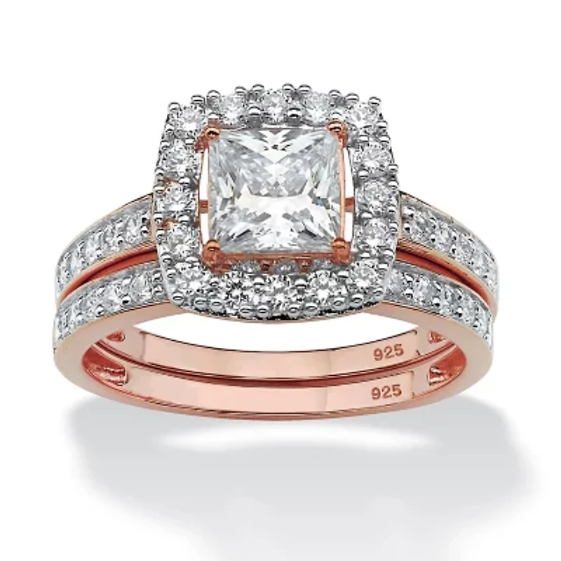 2.15 Cttw. 2-Pc. Rose Gold-plated Silver Princess-Cut CZ Halo Bridal Set
